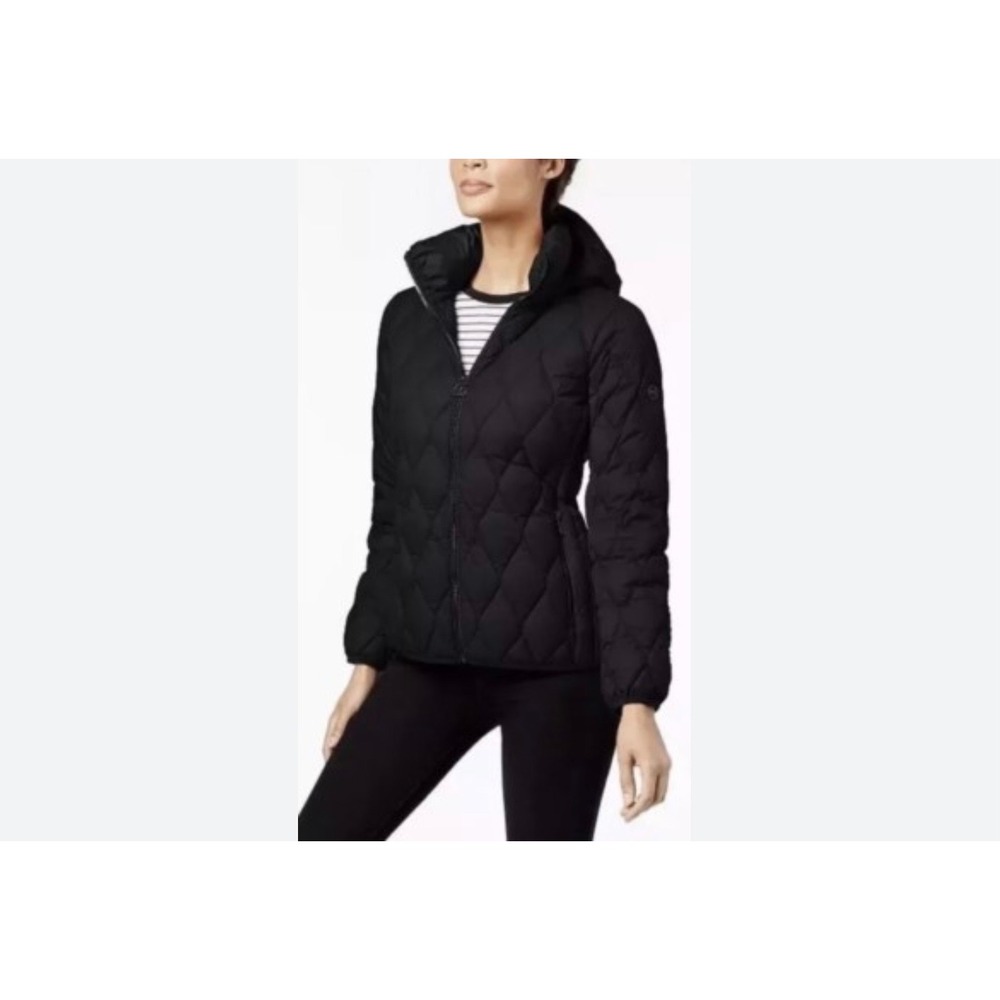 Michael Kors Womens Black Packable Down Puffer Jacket Hooded Size M Designer EUC